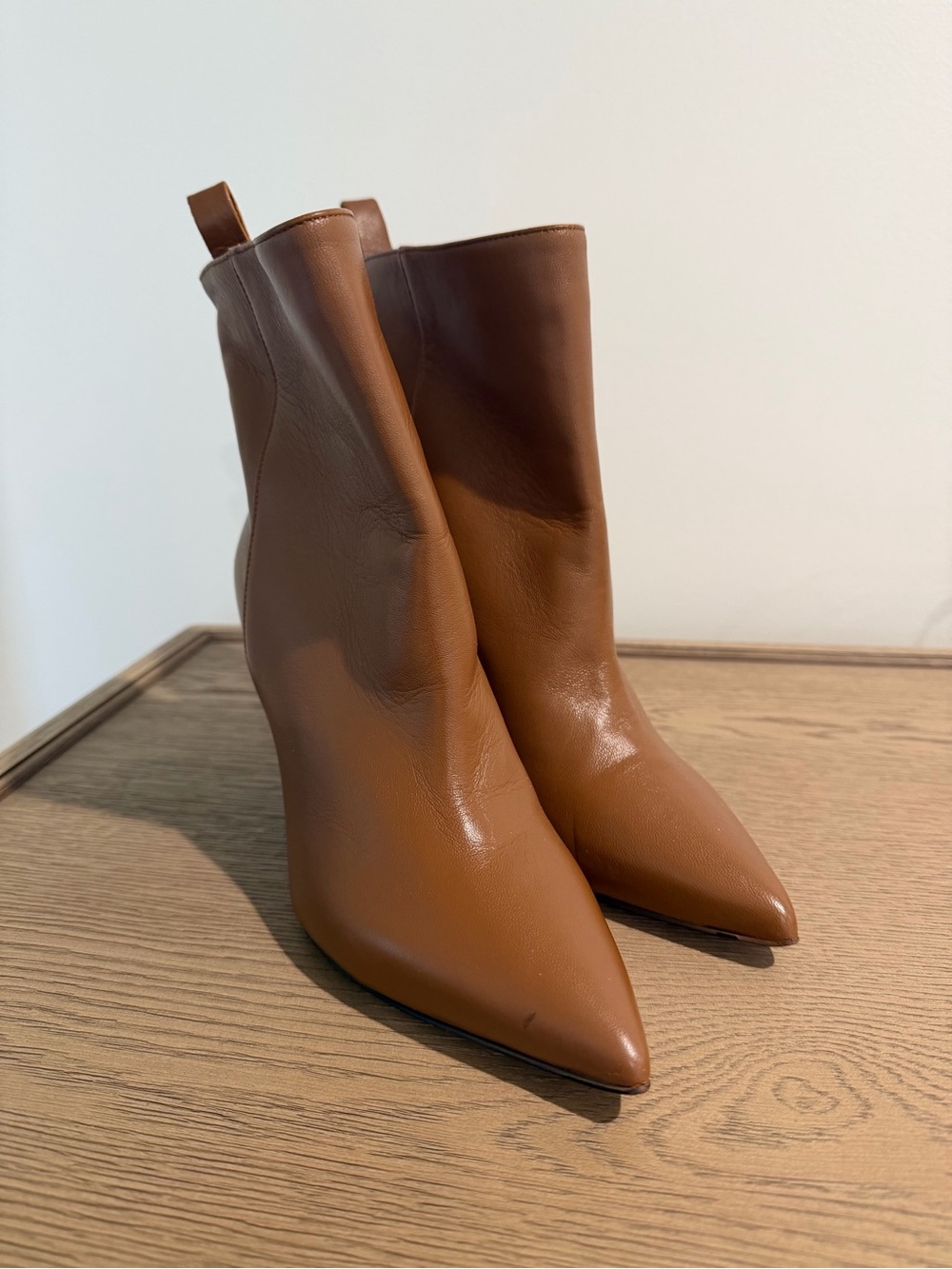 L’Autre Chose Pointed Toe Leather Ankle Boots in Cognac Brown